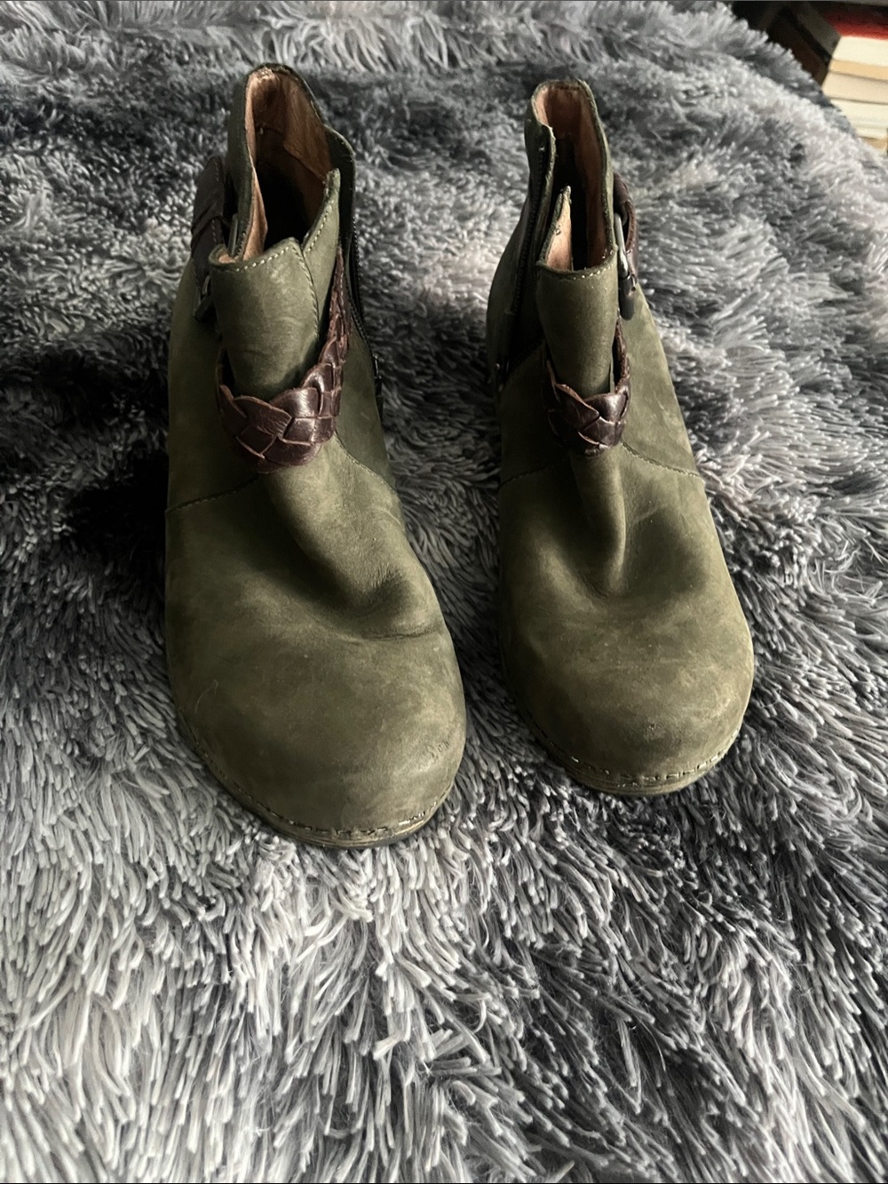 Dansko Olive Green Ankle Booties with Brown Braided Strap